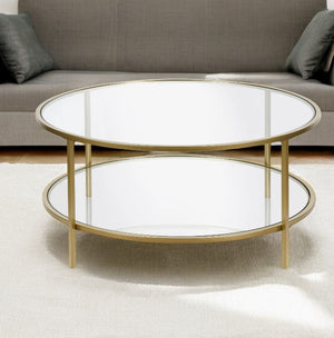 Homeroots 36" Gold Glass And Steel Round Coffee Table With Shelf   521064