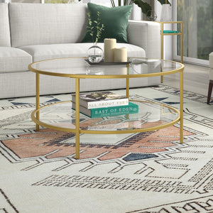 Homeroots 36" Gold Glass And Steel Round Coffee Table With Shelf   521064