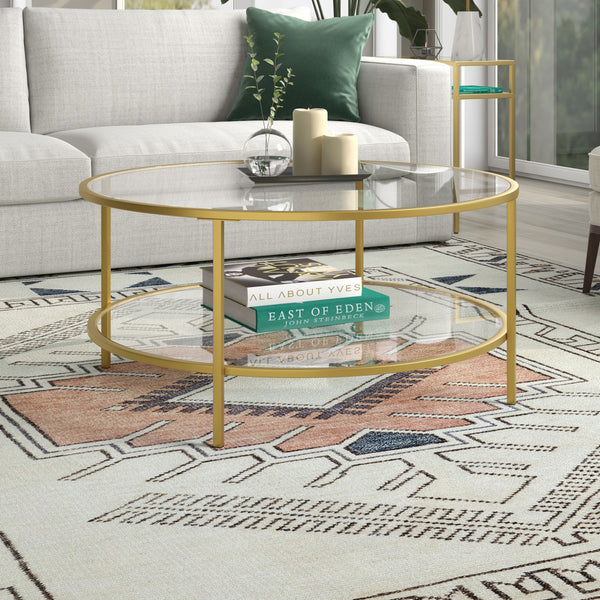 Homeroots 36" Gold Glass And Steel Round Coffee Table With Shelf   521064