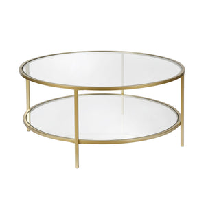 Homeroots 36" Gold Glass And Steel Round Coffee Table With Shelf   521064
