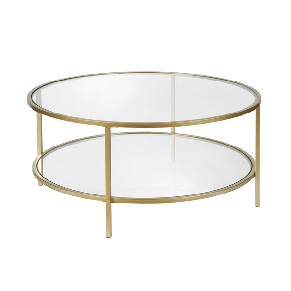 Homeroots 36" Gold Glass And Steel Round Coffee Table With Shelf   521064