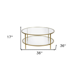 Homeroots 36" Gold Glass And Steel Round Coffee Table With Shelf   521064