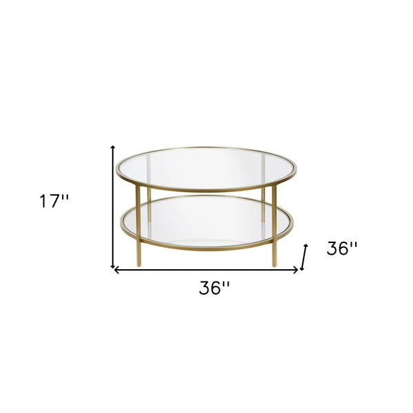 Homeroots 36" Gold Glass And Steel Round Coffee Table With Shelf   521064