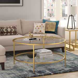 Homeroots 36" Gold Glass And Steel Round Coffee Table With Shelf   521064
