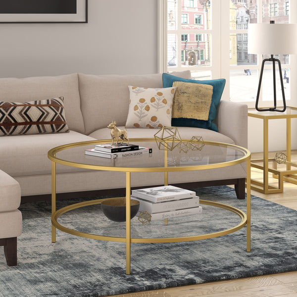 Homeroots 36" Gold Glass And Steel Round Coffee Table With Shelf   521064