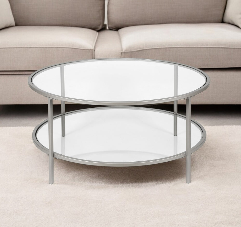 Homeroots 36" Silver Glass And Steel Round Coffee Table With Shelf   521065