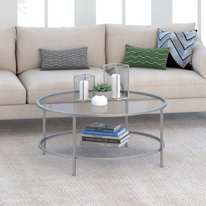 Homeroots 36" Silver Glass And Steel Round Coffee Table With Shelf   521065