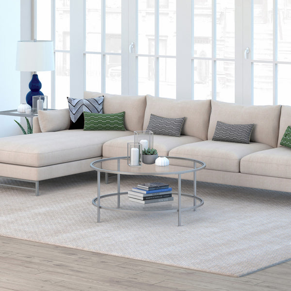 Homeroots 36" Silver Glass And Steel Round Coffee Table With Shelf   521065