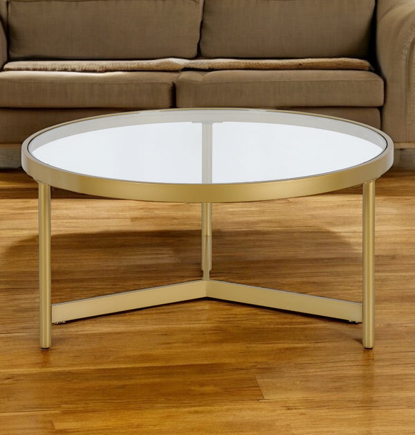 Homeroots 32" Gold Glass And Steel Round Coffee Table   521068