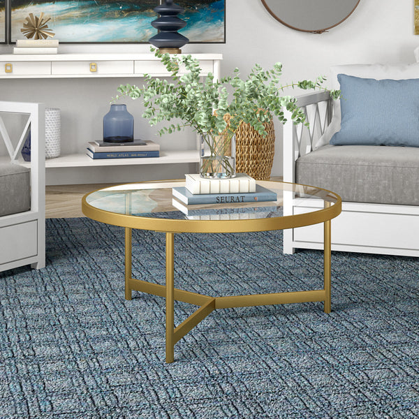 Homeroots 32" Gold Glass And Steel Round Coffee Table   521068