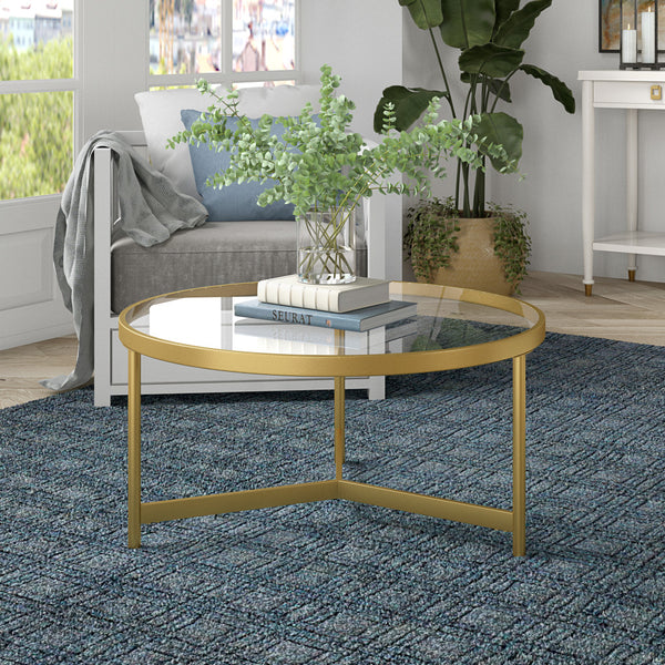 Homeroots 32" Gold Glass And Steel Round Coffee Table   521068