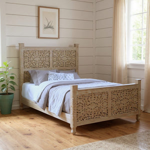 HomeRoots White Carved Floral Queen Bed Frame - Distressed Solid Wood with Timeless Charm & Durability 521077