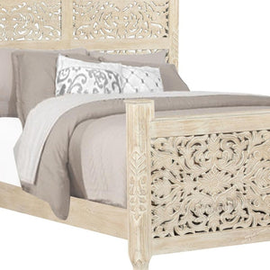 HomeRoots White Carved Floral Queen Bed Frame - Distressed Solid Wood with Timeless Charm & Durability 521077