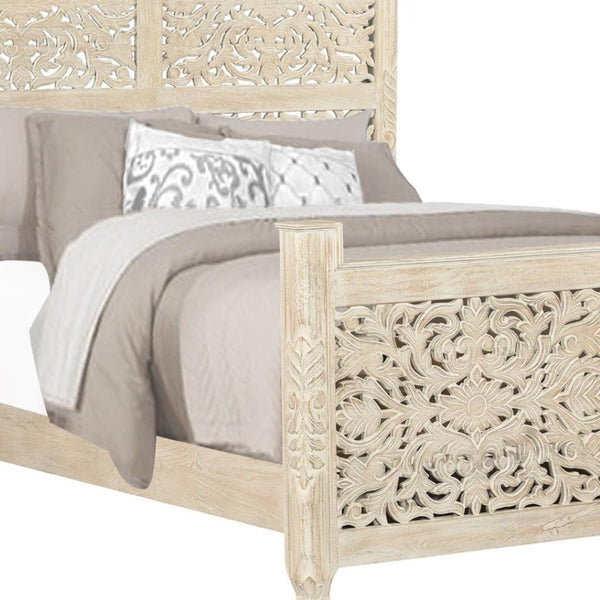 HomeRoots White Carved Floral Queen Bed Frame - Distressed Solid Wood with Timeless Charm & Durability 521077