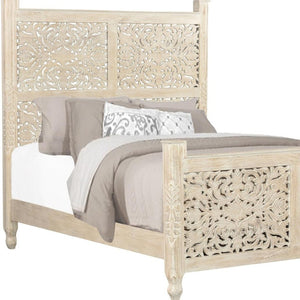HomeRoots White Carved Floral Queen Bed Frame - Distressed Solid Wood with Timeless Charm & Durability 521077