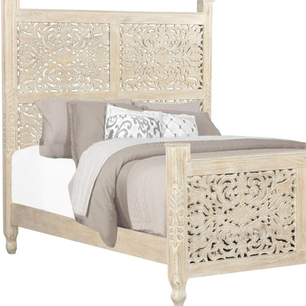 HomeRoots White Carved Floral Queen Bed Frame - Distressed Solid Wood with Timeless Charm & Durability 521077