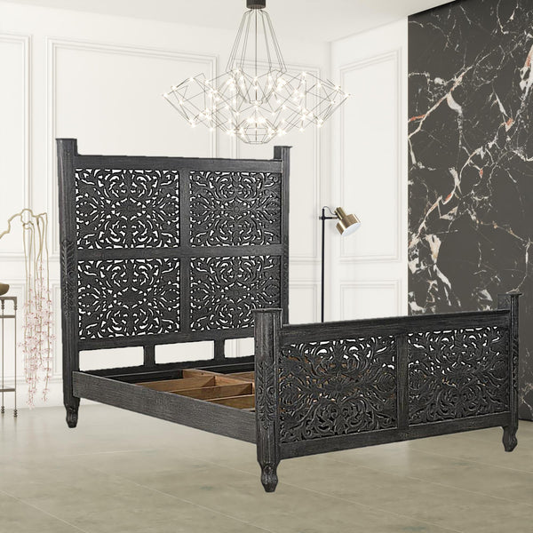 Homeroots Black Distressed Solid Wood Queen Bed Frame  Wood 521078