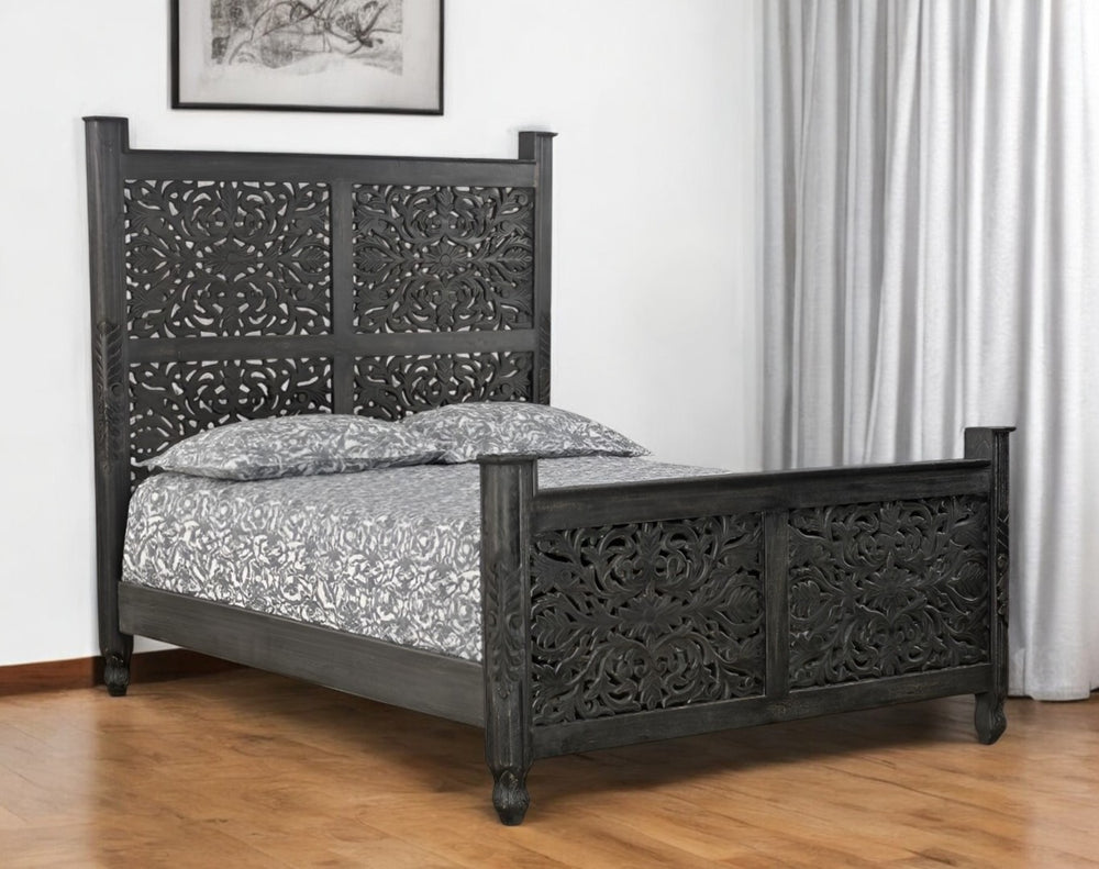 HomeRoots Black Carved Floral Distressed Solid Wood Queen Bed Frame - Elegant Vintage Centerpiece for Your Bedroom 521078