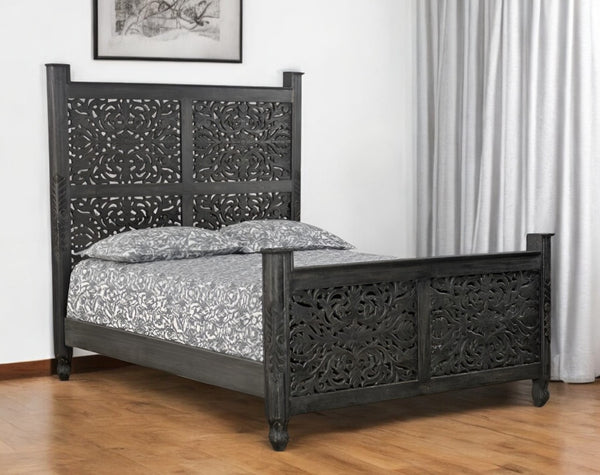 HomeRoots Black Carved Floral Distressed Solid Wood Queen Bed Frame - Elegant Vintage Centerpiece for Your Bedroom 521078