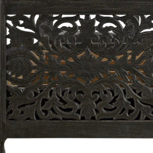 HomeRoots Black Carved Floral Distressed Solid Wood Queen Bed Frame - Elegant Vintage Centerpiece for Your Bedroom 521078