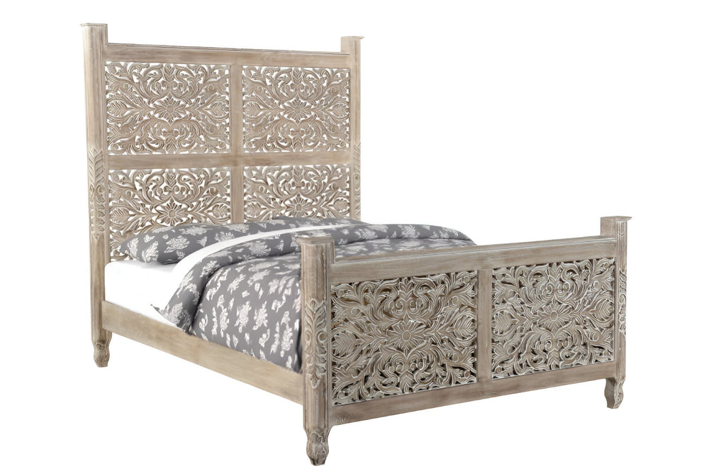 HomeRoots Gray Carved Floral Queen Bed Frame - Distressed Solid Wood for Rustic Cottage Charm & Durability 521079