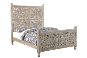 HomeRoots Gray Carved Floral Queen Bed Frame - Distressed Solid Wood for Rustic Cottage Charm & Durability 521079