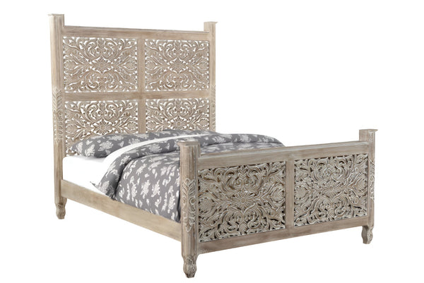 HomeRoots Gray Carved Floral Queen Bed Frame - Distressed Solid Wood for Rustic Cottage Charm & Durability 521079