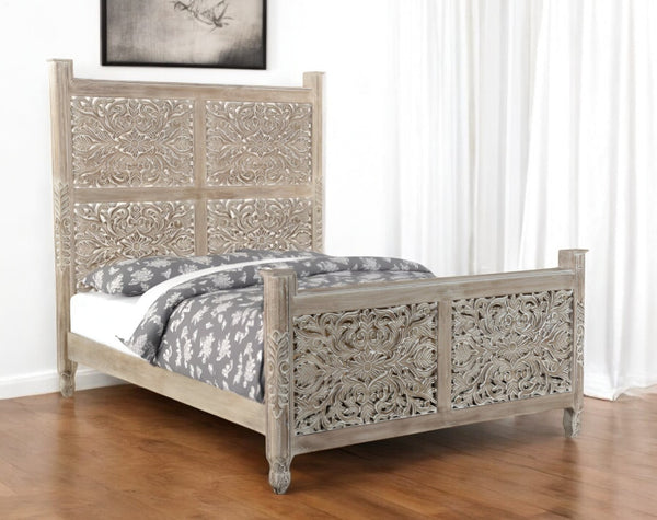 HomeRoots Gray Carved Floral Queen Bed Frame - Distressed Solid Wood for Rustic Cottage Charm & Durability 521079