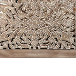 HomeRoots Gray Carved Floral Queen Bed Frame - Distressed Solid Wood for Rustic Cottage Charm & Durability 521079