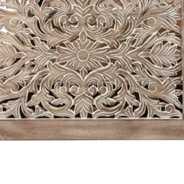 HomeRoots Gray Carved Floral Queen Bed Frame - Distressed Solid Wood for Rustic Cottage Charm & Durability 521079