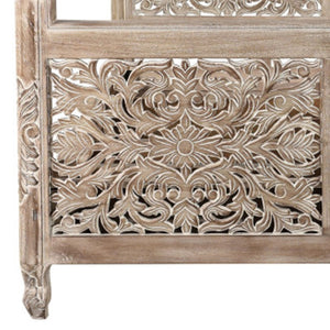 HomeRoots Gray Carved Floral Queen Bed Frame - Distressed Solid Wood for Rustic Cottage Charm & Durability 521079