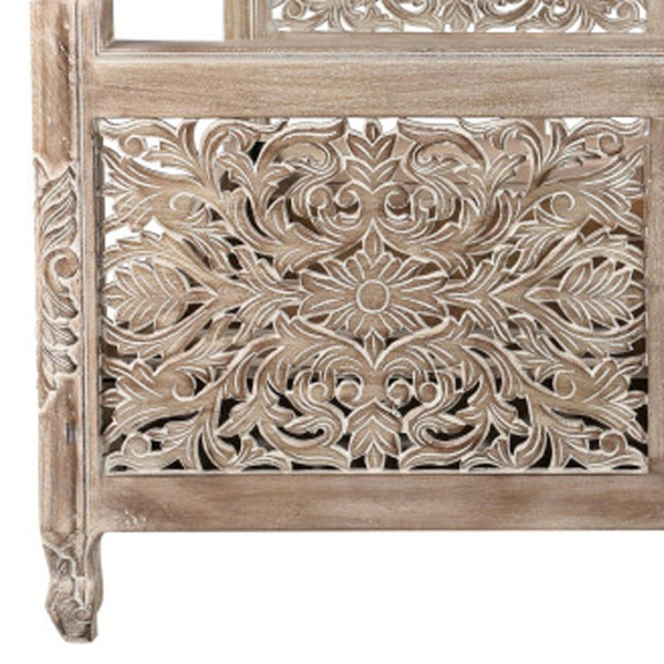 HomeRoots Gray Carved Floral Queen Bed Frame - Distressed Solid Wood for Rustic Cottage Charm & Durability 521079