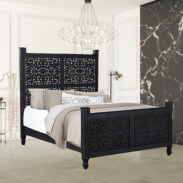 Homeroots Black Distressed Solid Wood Queen Bed Frame  Wood 521080