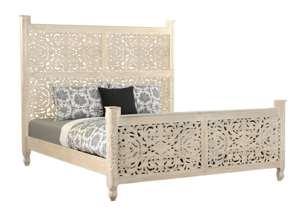 HomeRoots White Carved Floral Distressed Solid Wood King Bed Frame - Vintage Rustic Design for Cozy Retreat 521081