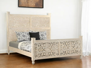 HomeRoots White Carved Floral Distressed Solid Wood King Bed Frame - Vintage Rustic Design for Cozy Retreat 521081