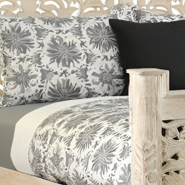 HomeRoots White Carved Floral Distressed Solid Wood King Bed Frame - Vintage Rustic Design for Cozy Retreat 521081