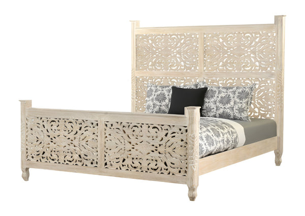 HomeRoots White Carved Floral Distressed Solid Wood King Bed Frame - Vintage Rustic Design for Cozy Retreat 521081