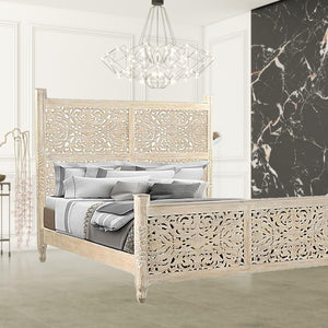 Homeroots White Distressed Solid Wood King Bed Frame  Wood 521081