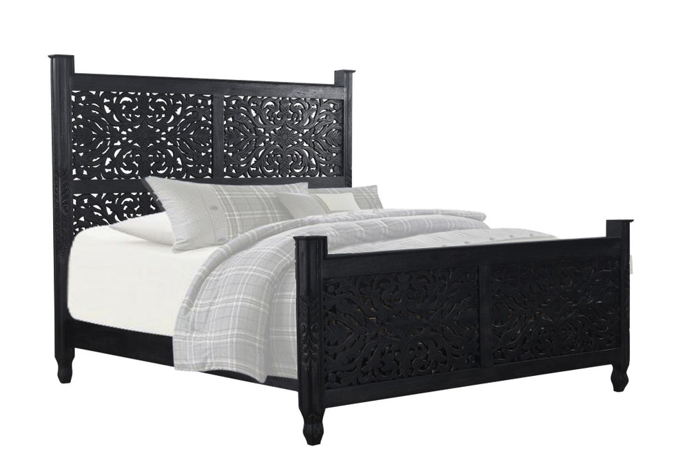 Homeroots Carved Solid Wood King Black Bed  Wood 521082
