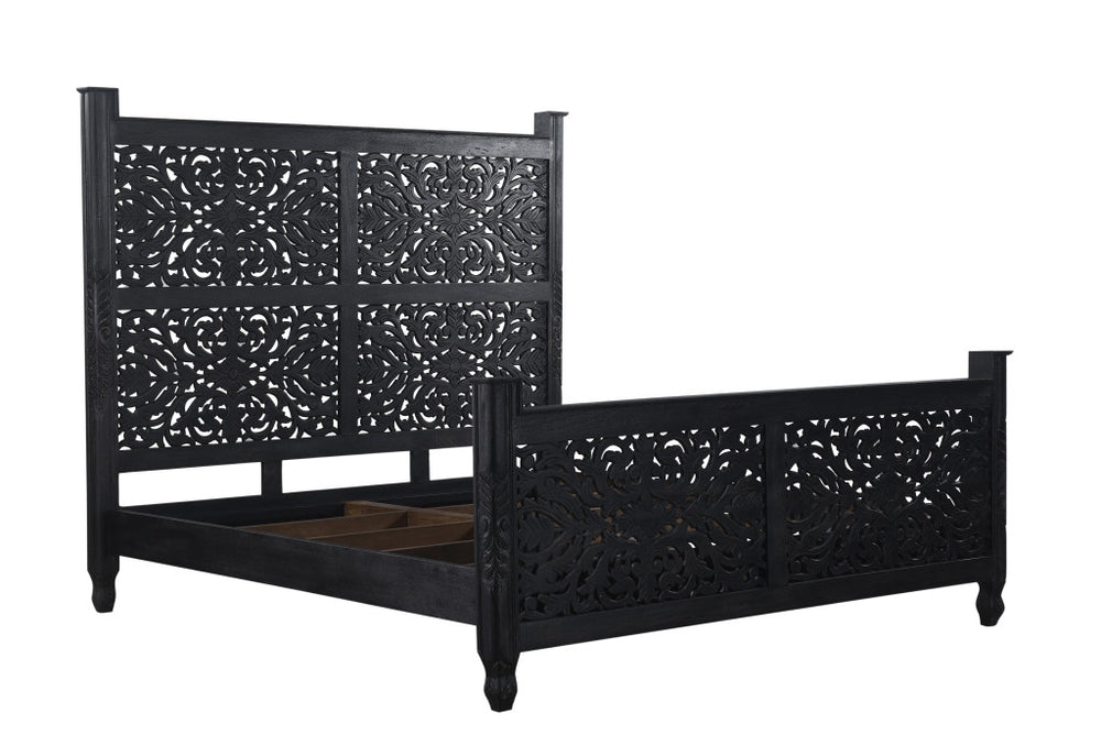 Homeroots Carved Solid Wood King Black Bed  Wood 521082