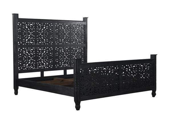 Homeroots Carved Solid Wood King Black Bed  Wood 521082