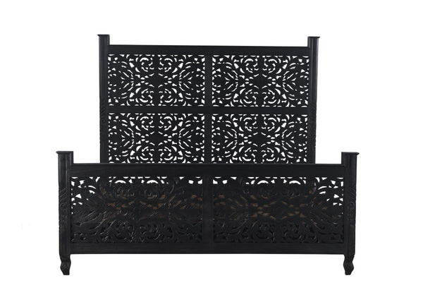 Homeroots Carved Solid Wood King Black Bed  Wood 521082