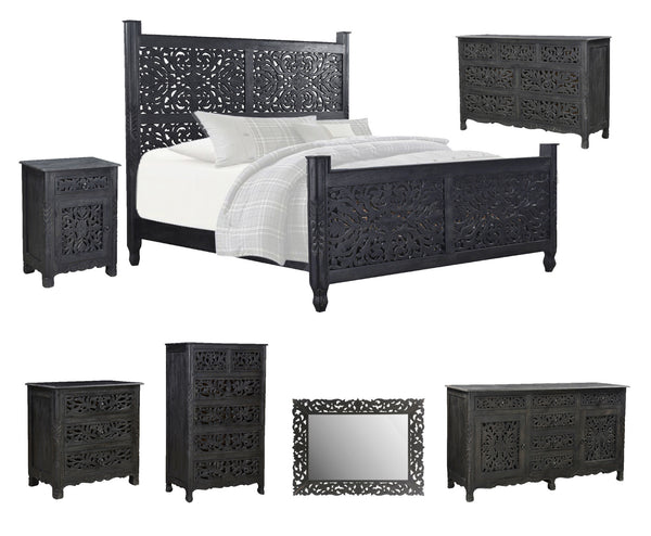 Homeroots Carved Solid Wood King Black Bed  Wood 521082