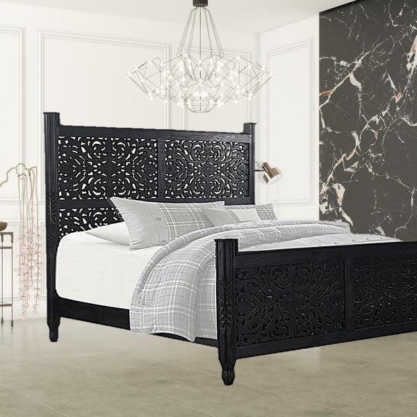 Homeroots Carved Solid Wood King Black Bed  Wood 521082