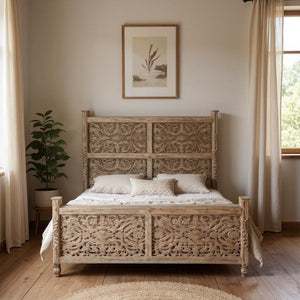 HomeRoots Gray Carved Floral Solid Wood King Bed Frame - Artisan-Crafted Rustic Centerpiece for Timeless Elegance 521083