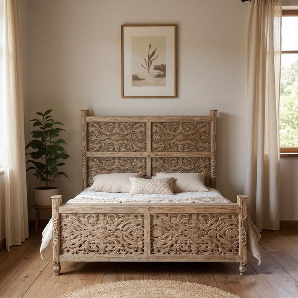 HomeRoots Gray Carved Floral Solid Wood King Bed Frame - Artisan-Crafted Rustic Centerpiece for Timeless Elegance 521083
