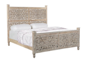 HomeRoots Gray Carved Floral Solid Wood King Bed Frame - Artisan-Crafted Rustic Centerpiece for Timeless Elegance 521083
