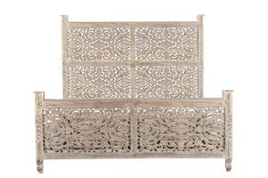 HomeRoots Gray Carved Floral Solid Wood King Bed Frame - Artisan-Crafted Rustic Centerpiece for Timeless Elegance 521083