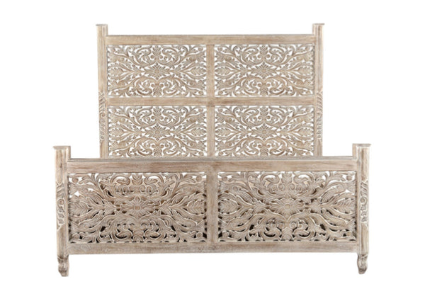 HomeRoots Gray Carved Floral Solid Wood King Bed Frame - Artisan-Crafted Rustic Centerpiece for Timeless Elegance 521083