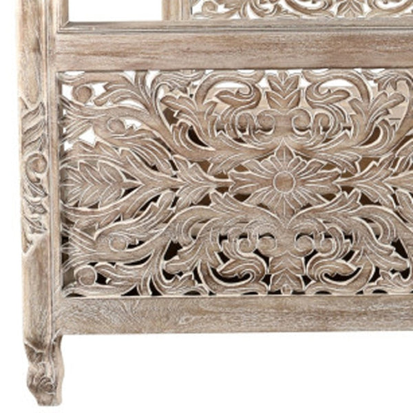 HomeRoots Gray Carved Floral Solid Wood King Bed Frame - Artisan-Crafted Rustic Centerpiece for Timeless Elegance 521083